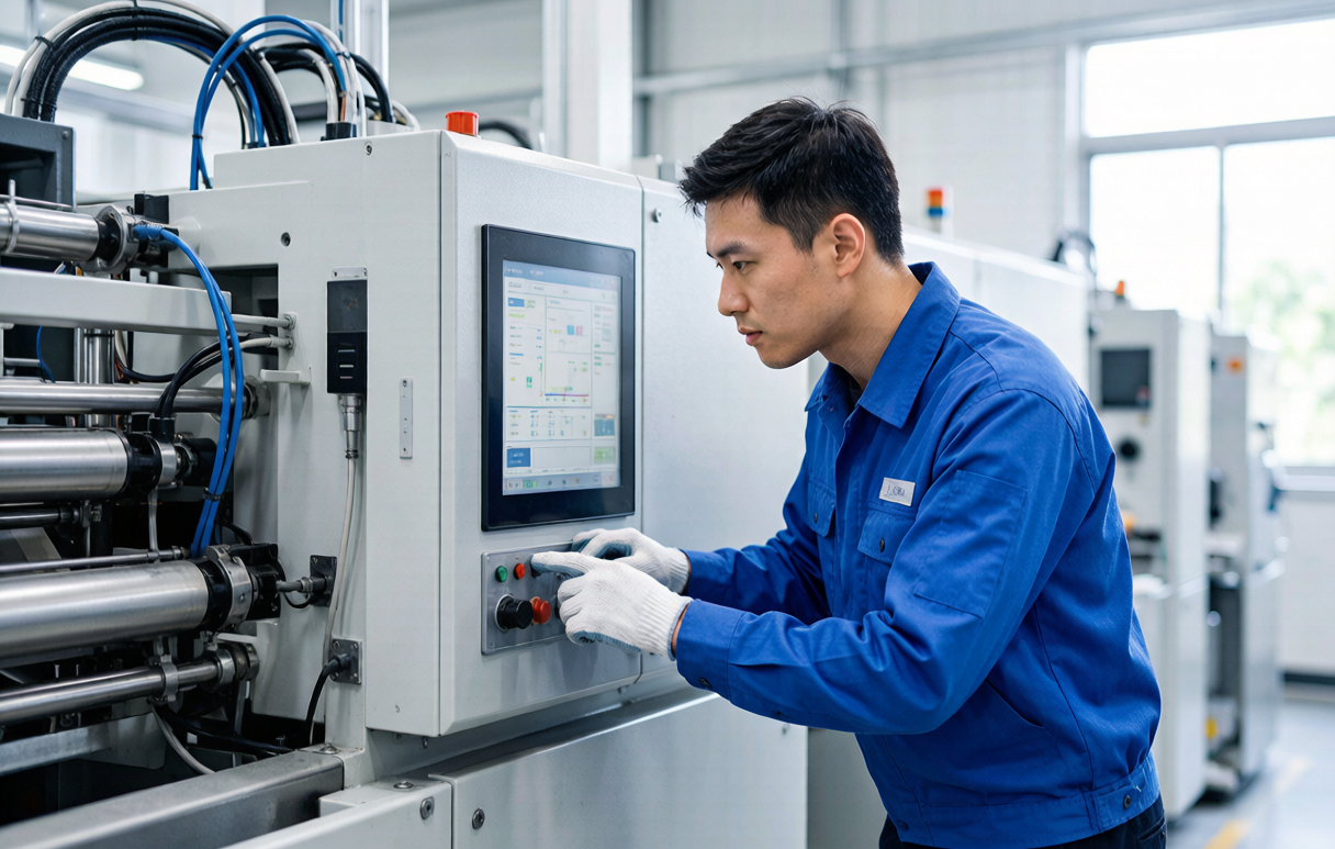 Technician inspecting a stenter machine during commissioning