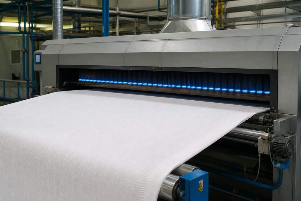 Controlled singeing removes surface fuzz before downstream wet processing.