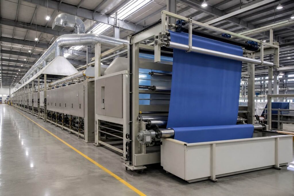 A stenter line controls fabric width and thermal exposure as the fabric moves continuously through heated chambers.