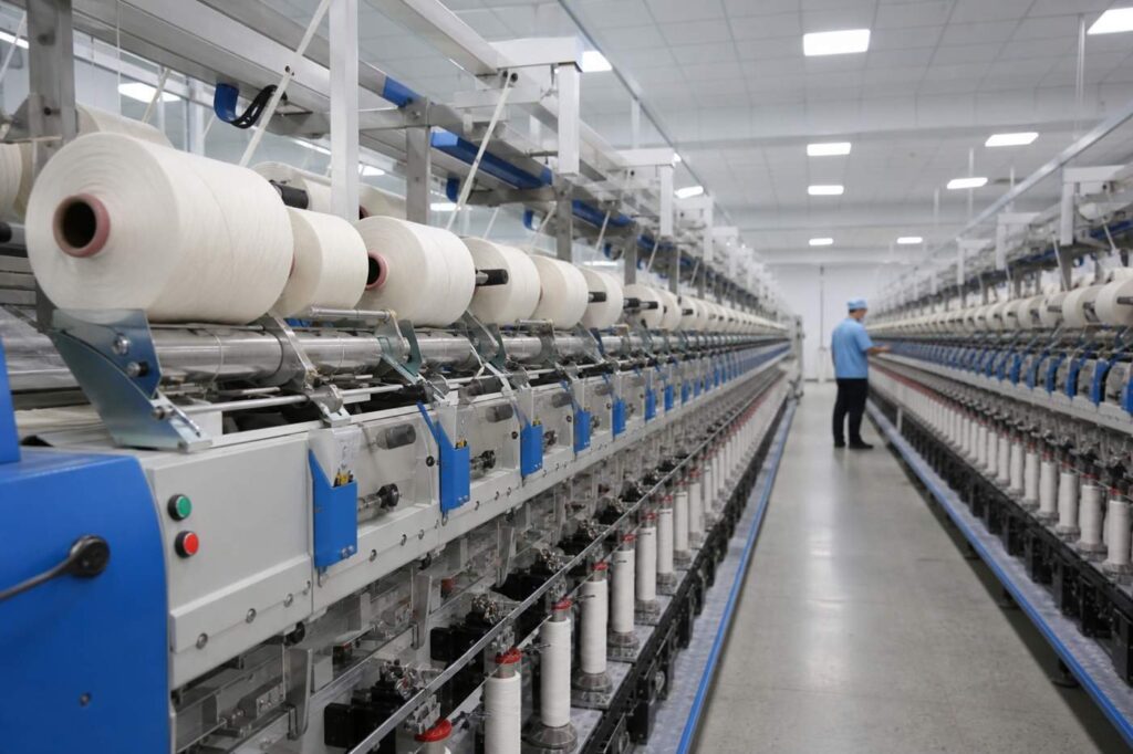 A TFO line combines controlled feed, twisting, and take-up into a compact yarn-processing operation.