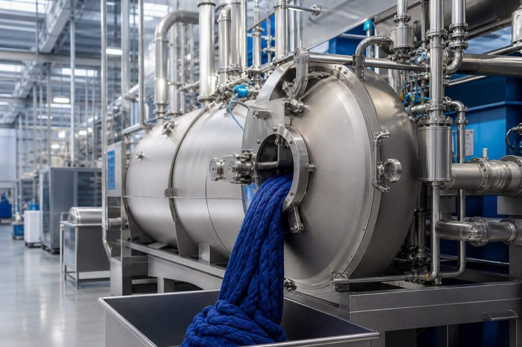 Jet dyeing machines circulate both fabric and liquor in a closed rope-dyeing system.