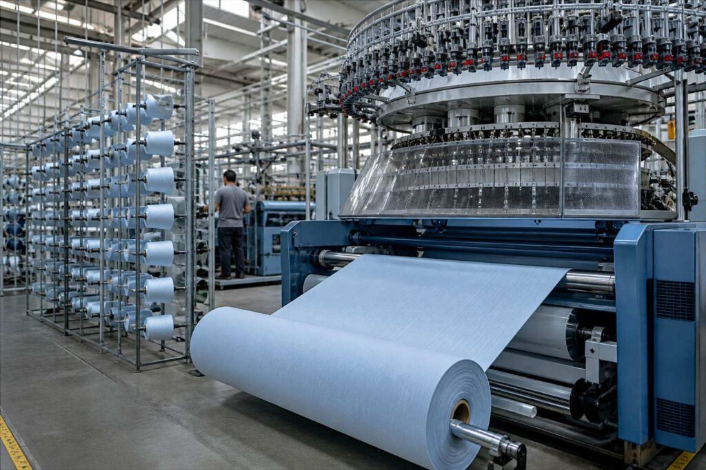 A tricot-oriented production line is designed around consistent yarn feeding, loop formation, and fabric take-down.