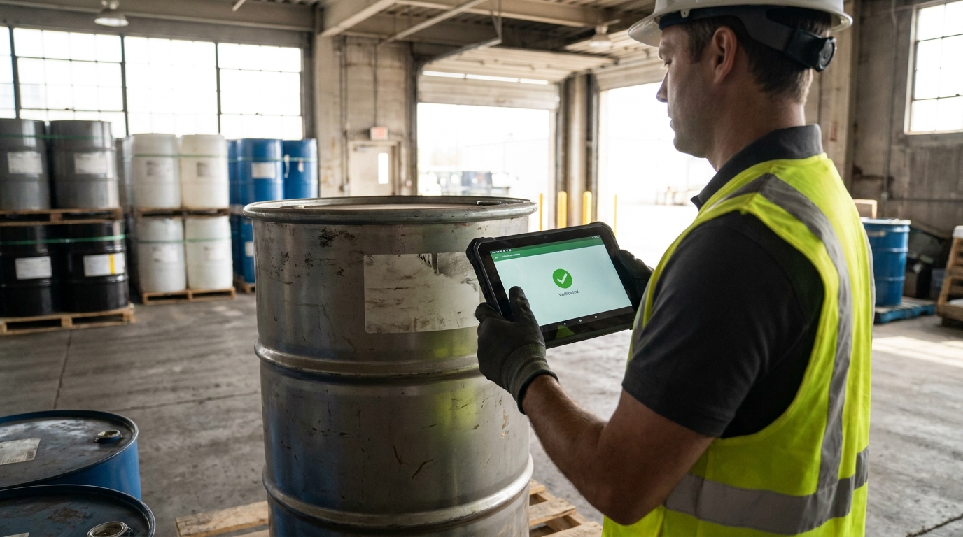 Mill manager verifying chemical ECO PASSPORT status on a digital tablet.