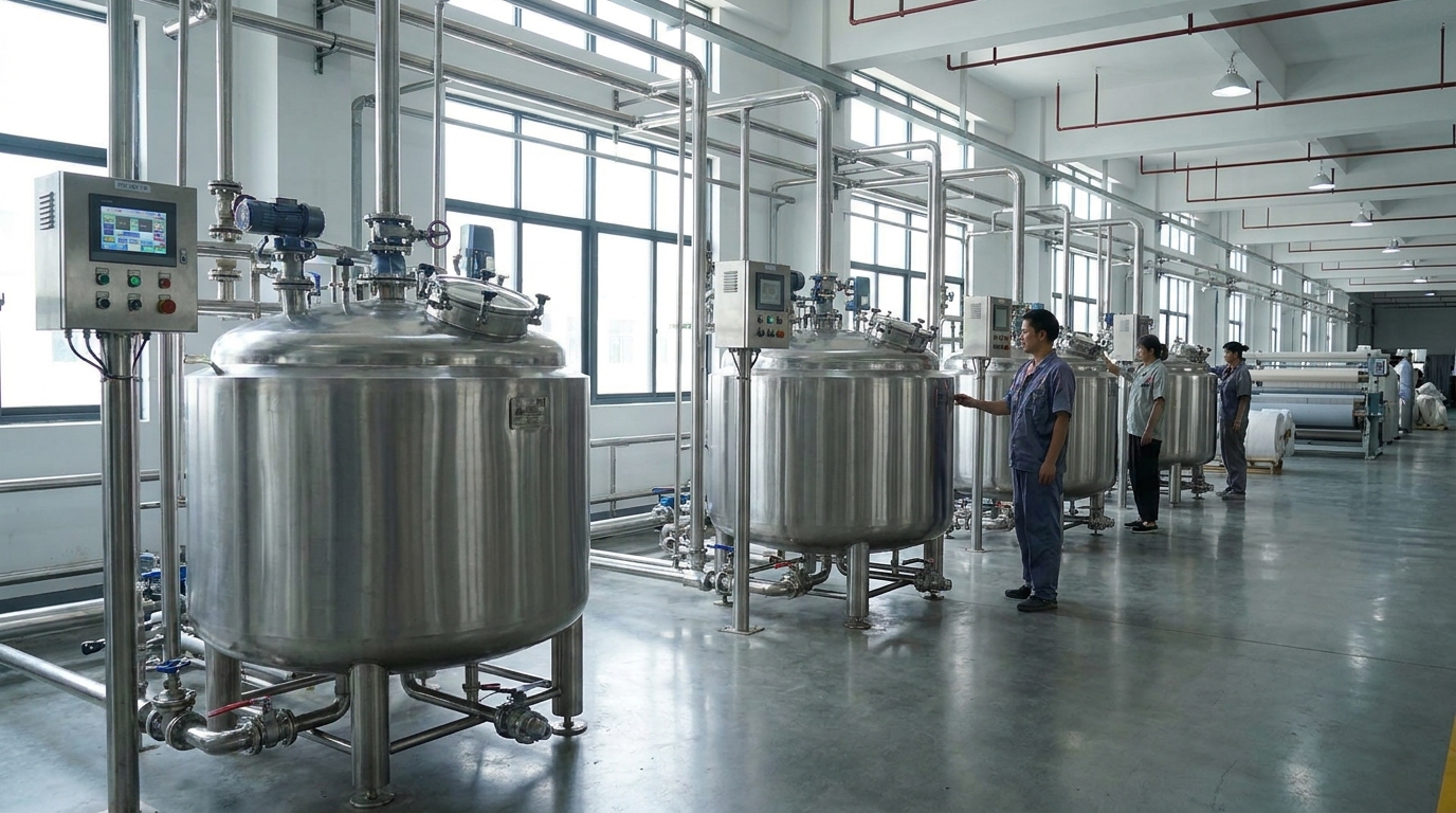 Modern high-efficiency stainless steel textile dyeing machinery on a production floor.