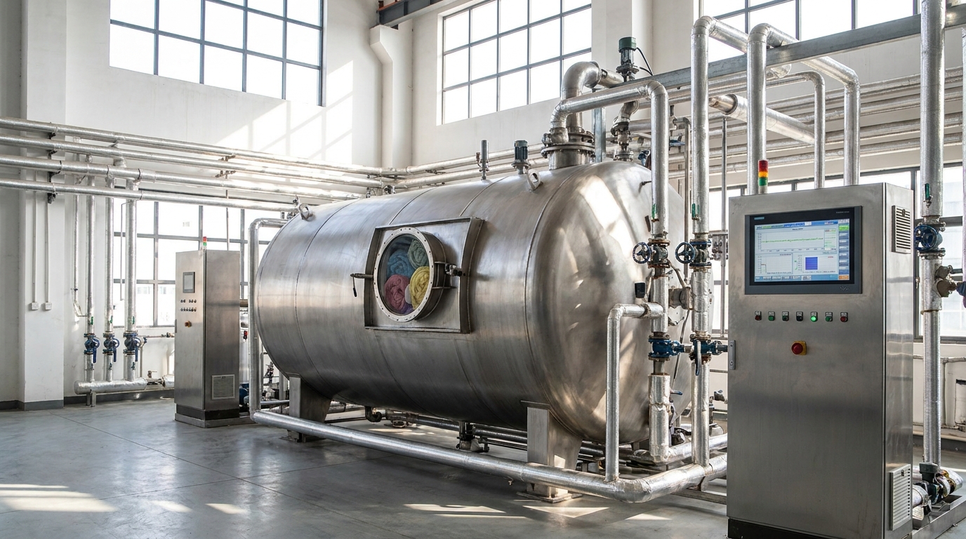 Modern stainless steel jet dyeing machine in a textile finishing factory
