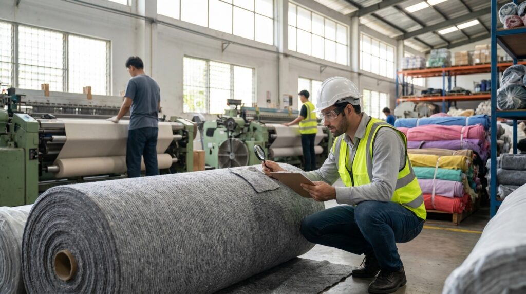 Auditor inspecting recycled fabric rolls in a modern textile mill facility.