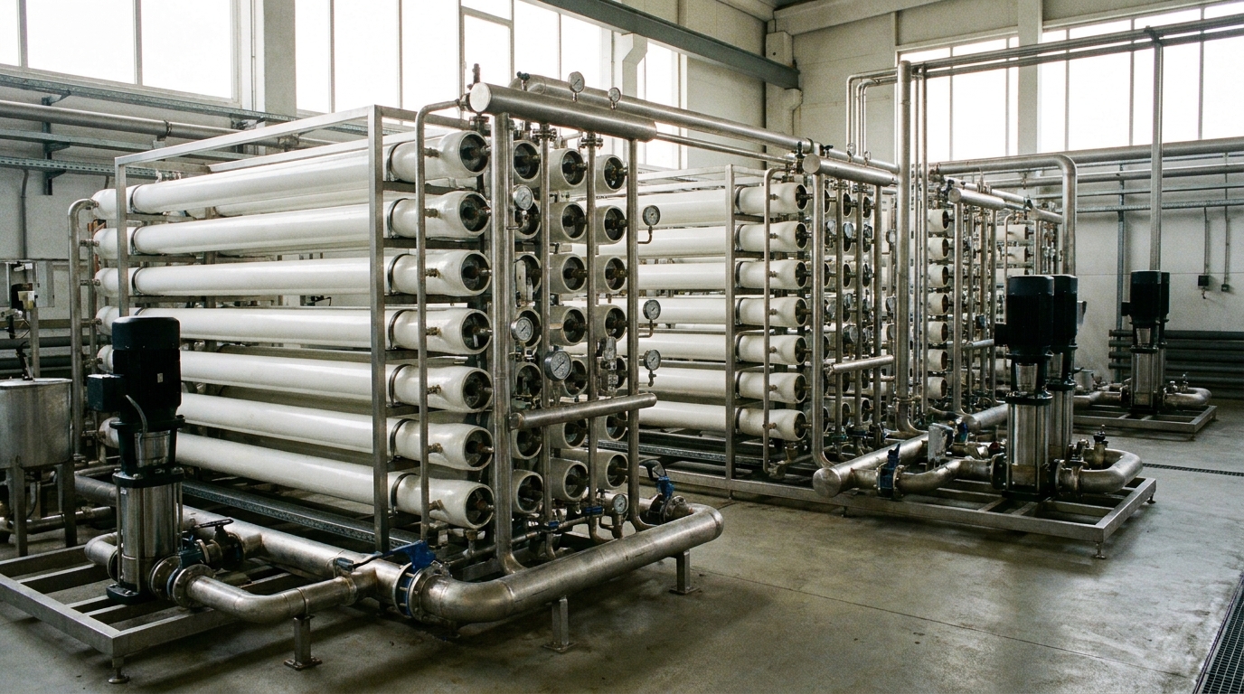 Industrial Reverse Osmosis membrane filtration system for textile water recycling.