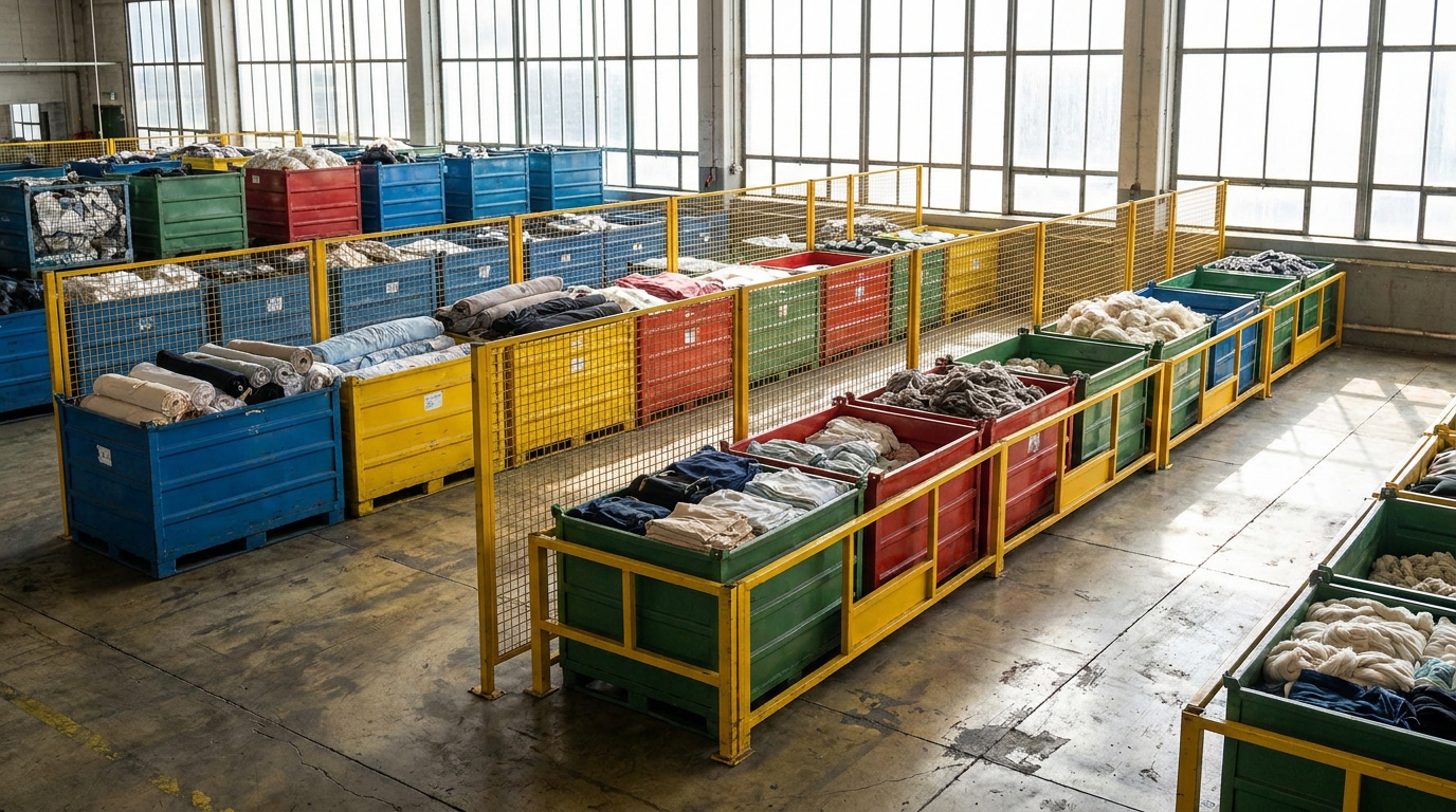 Segregated color-coded storage bins for recycled textiles on a factory floor.